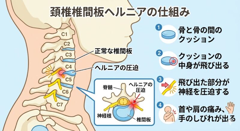 頸椎椎間板ヘルニアの仕組みと神経圧迫の図解