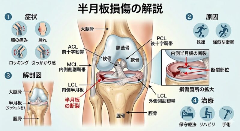 半月板損傷の仕組みと関節内での引っかかり・過負荷の図解