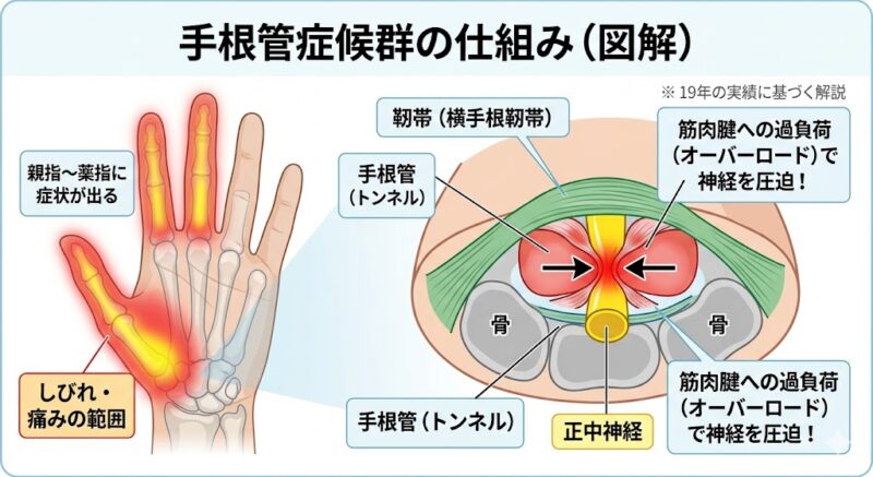 手根管症候群の仕組みと正中神経圧迫の図解