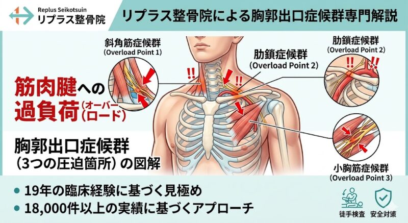 胸郭出口症候群の3つの圧迫原因(斜角筋・肋鎖・小胸筋症候群)の図解
