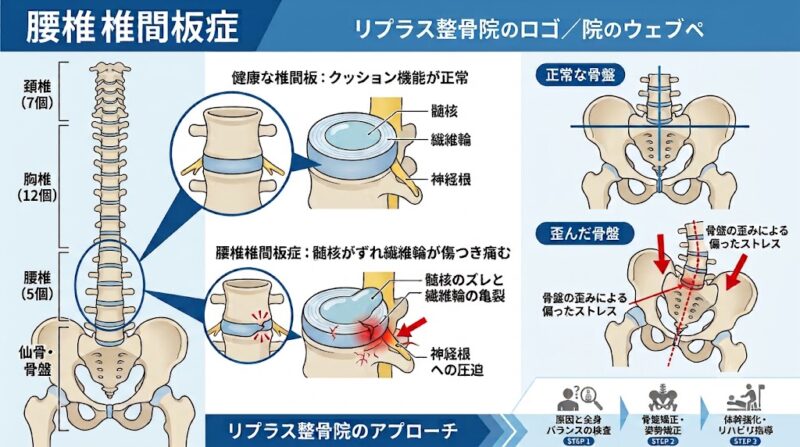 リプラス整骨院の腰椎椎間板症アプローチと骨盤・背骨の歪みの関係性イラスト