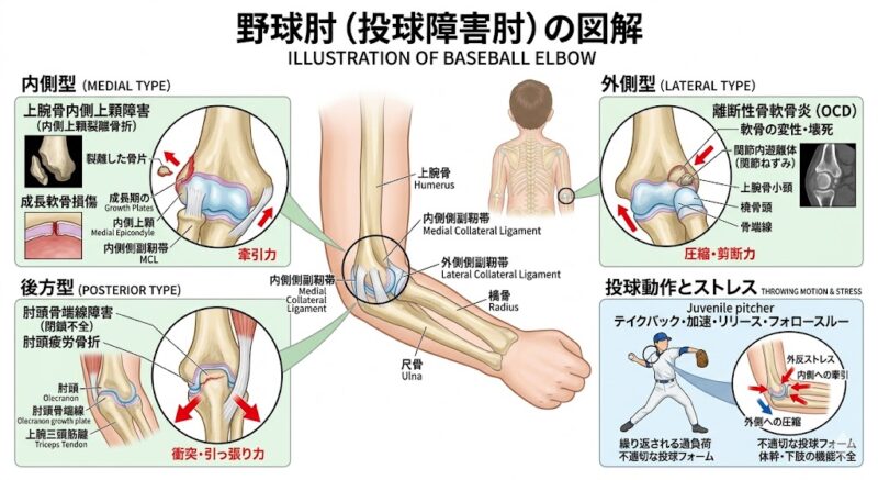 野球肘（投球障害肘）の図解。内側型、外側型、後方型の発生メカニズムと投球動作にお
けるストレスの解説図